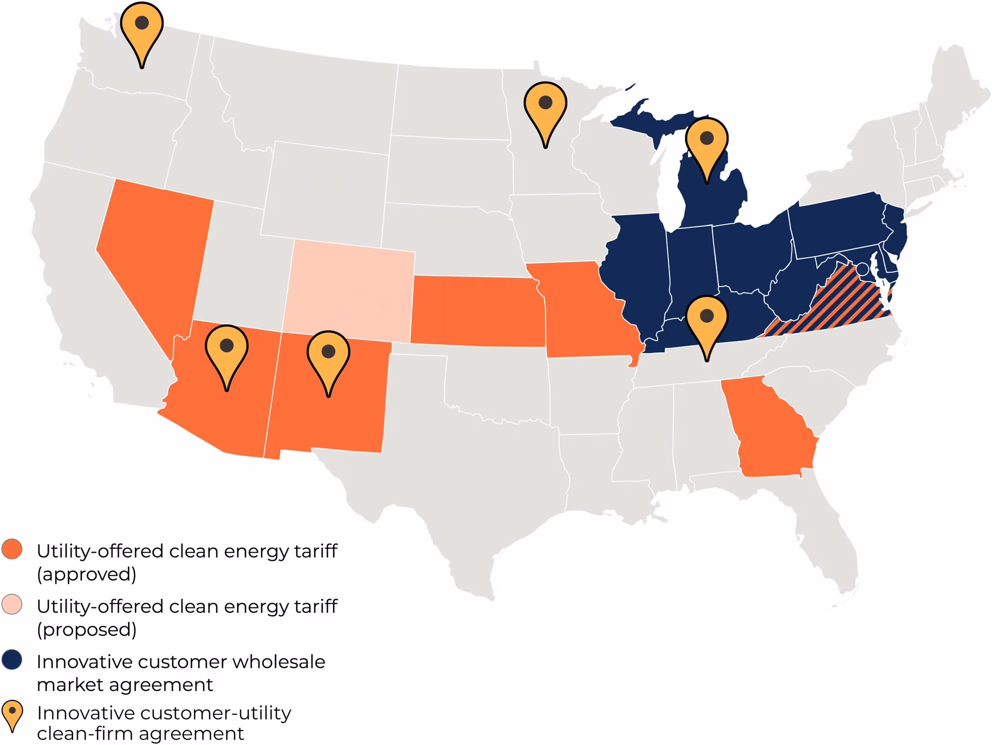 A map of the United States showing utility green tariff programs in various stages across the country.